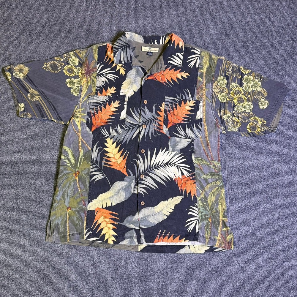 Tommy Bahama Mens Large 100% Silk Patchwork Tropical Bird of Paradise Camp Shirt